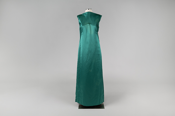 Image of Green satin sheath dress, ca. 1968