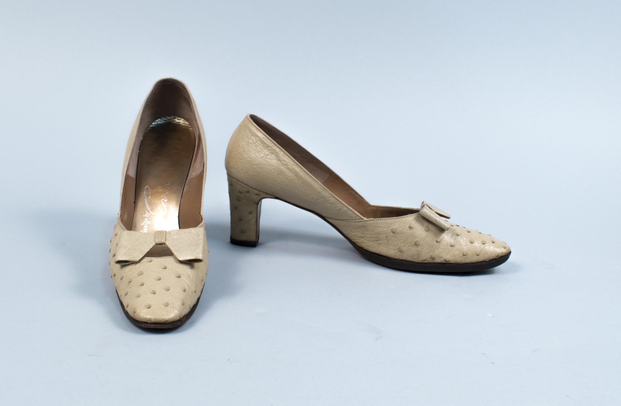 Image of Tan ostrich leather pumps, ca. 1970s-1980s