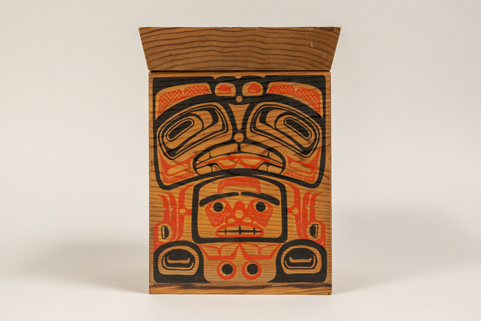 Image of Bentwood style cedar box given as a gift to Seattle World Trade Organization (WTO) conference attendees, 1999