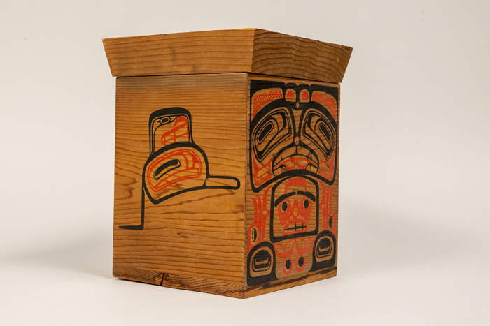 Image of Bentwood style cedar box given as a gift to Seattle World Trade Organization (WTO) conference attendees, 1999