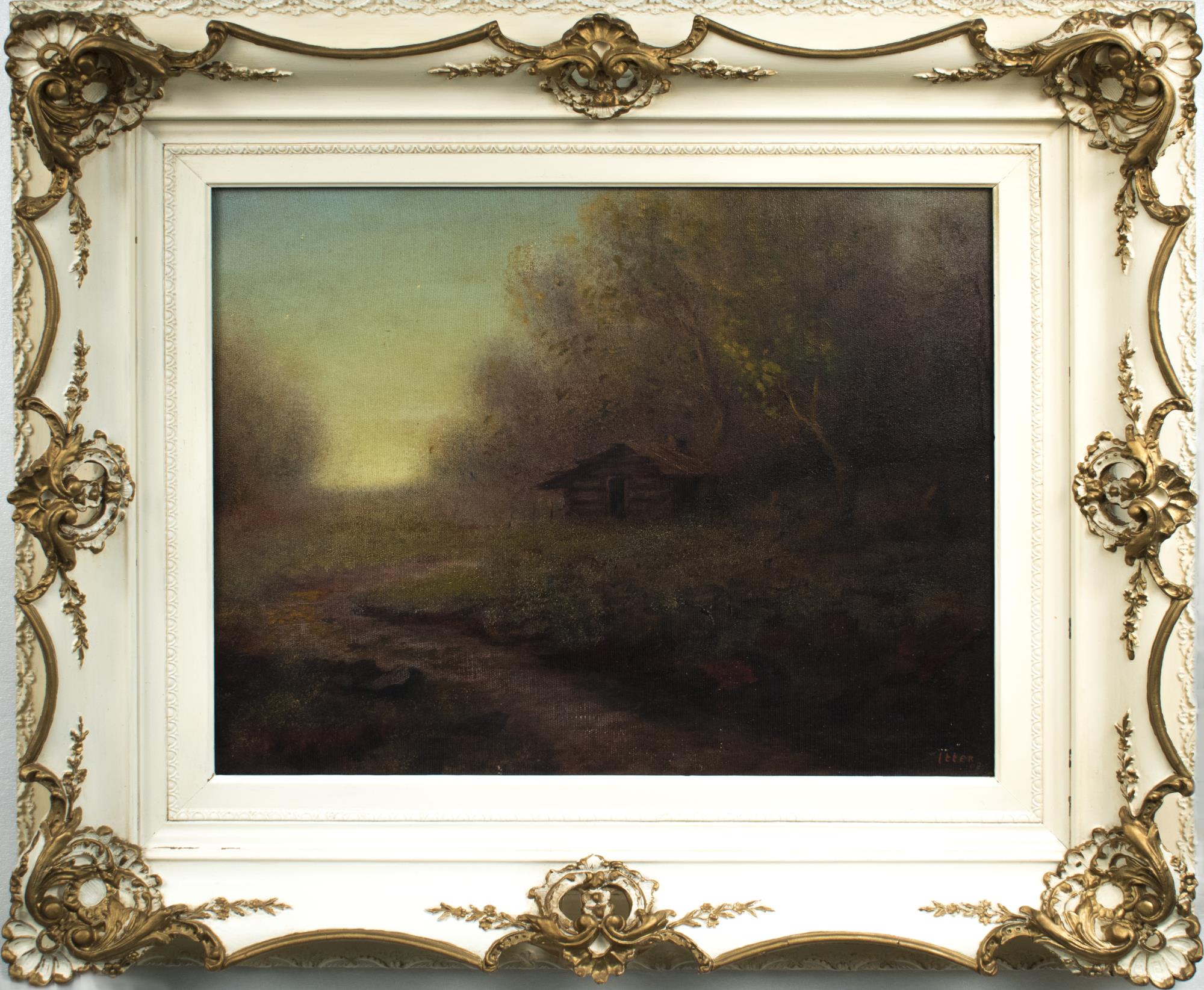Image of Oil painting of rustic log cabin in the North Cascades of Washington, by Julian Itter, 1908