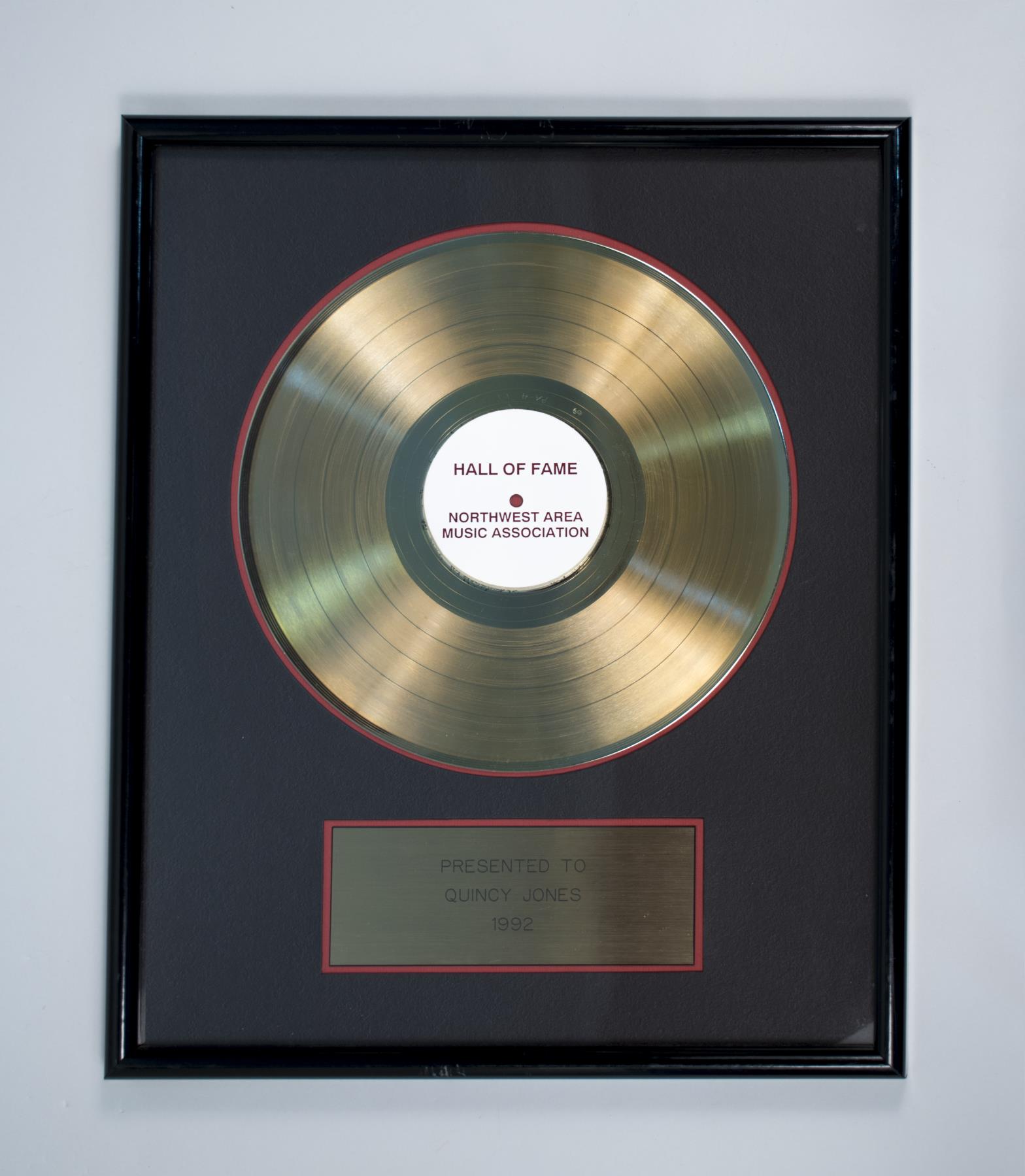Image of Hall of Fame plaque presented to Quincy Jones from the Northwest Area Music Association (NAMA), 1992