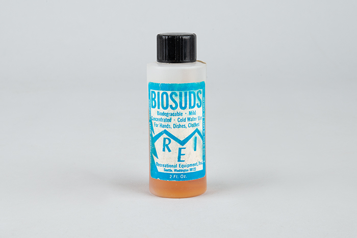 Image of REI (Recreational Equipment, Inc.) BioSuds camp soap bottle used by Jim Wickwire, ca. 1970s