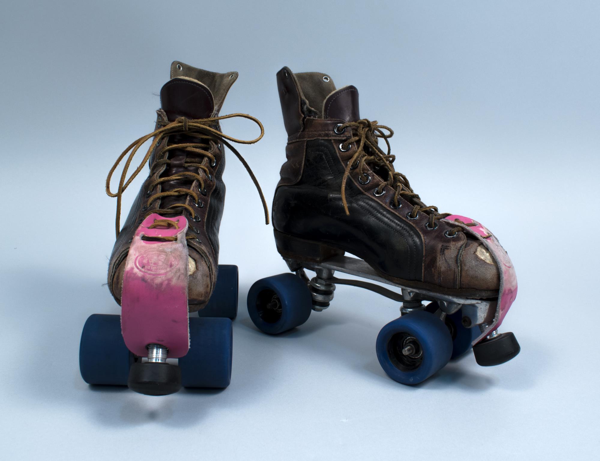 Image of 1970s roller skates worn by a Rat City Rollergirls player on the Derby Liberation Front team, 2004