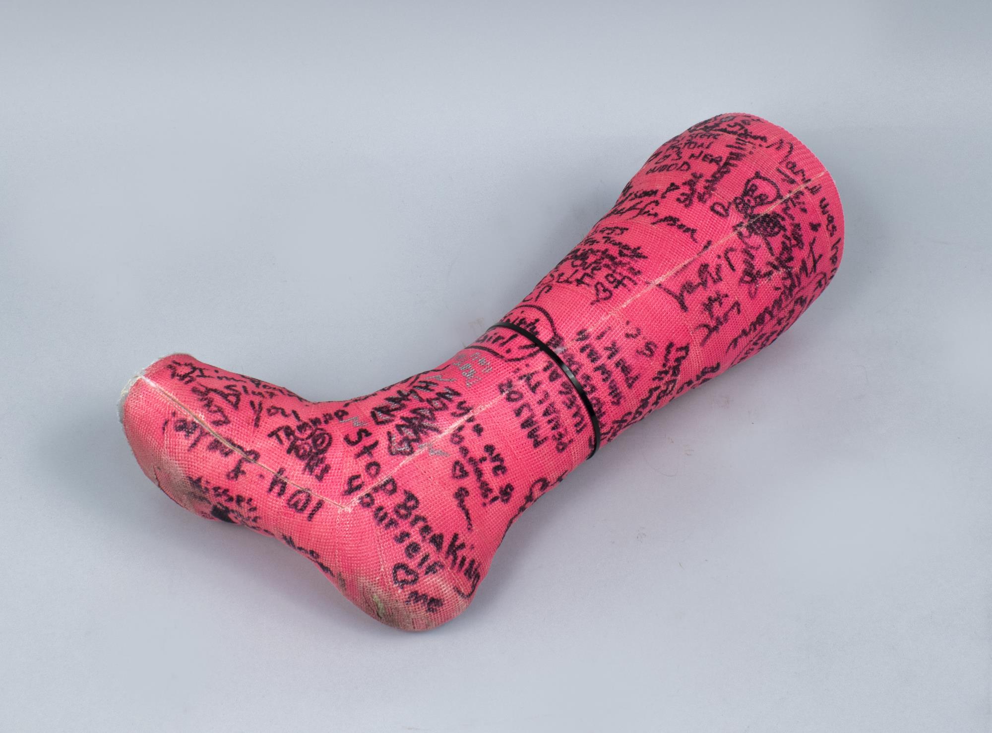 Image of Ankle cast that belonged to a Rat City Rollergirl skater on the Throttle Rocket team, 2009