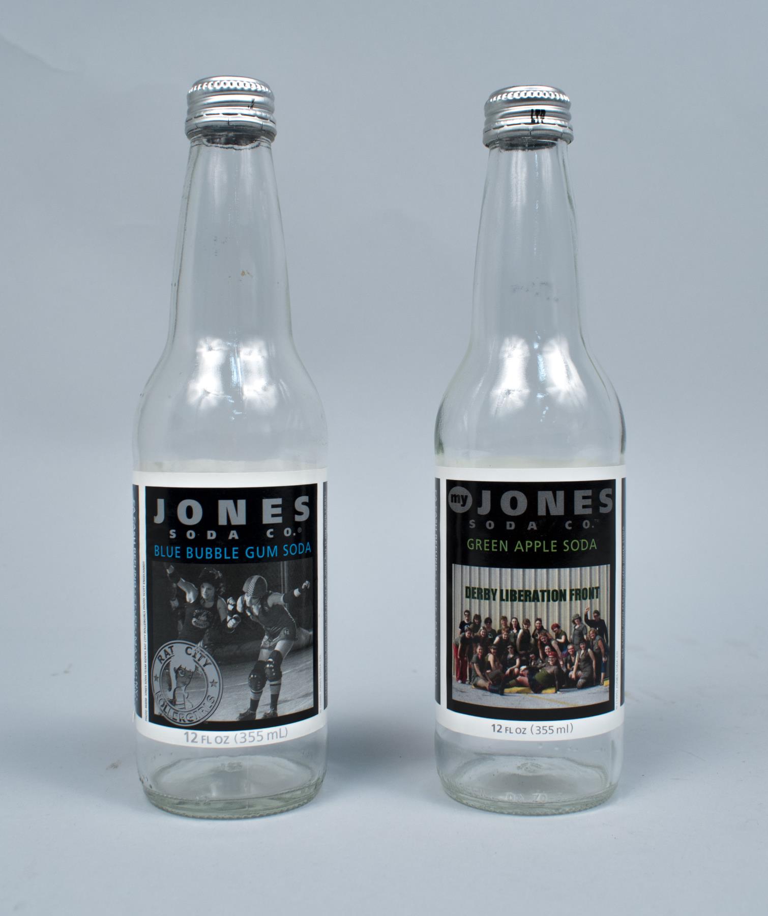 Image of Jones Soda bottle, Blue Bubble Gum Soda, featuring the Rat City Rollergirls, 2006