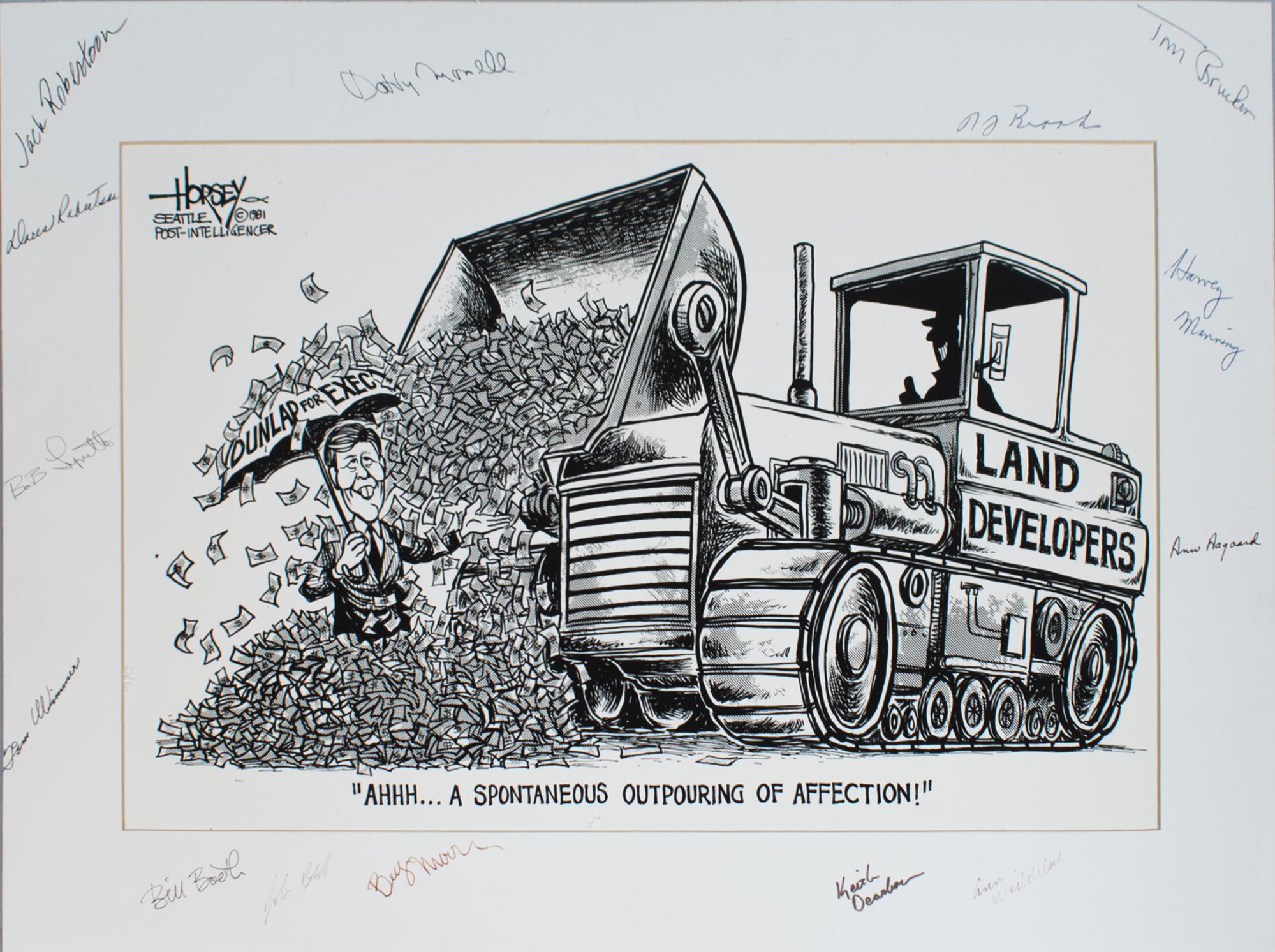 Image of Cartoon reprint by David Horsey lampooning Ron Dunlap in the King County Executive election, 1981