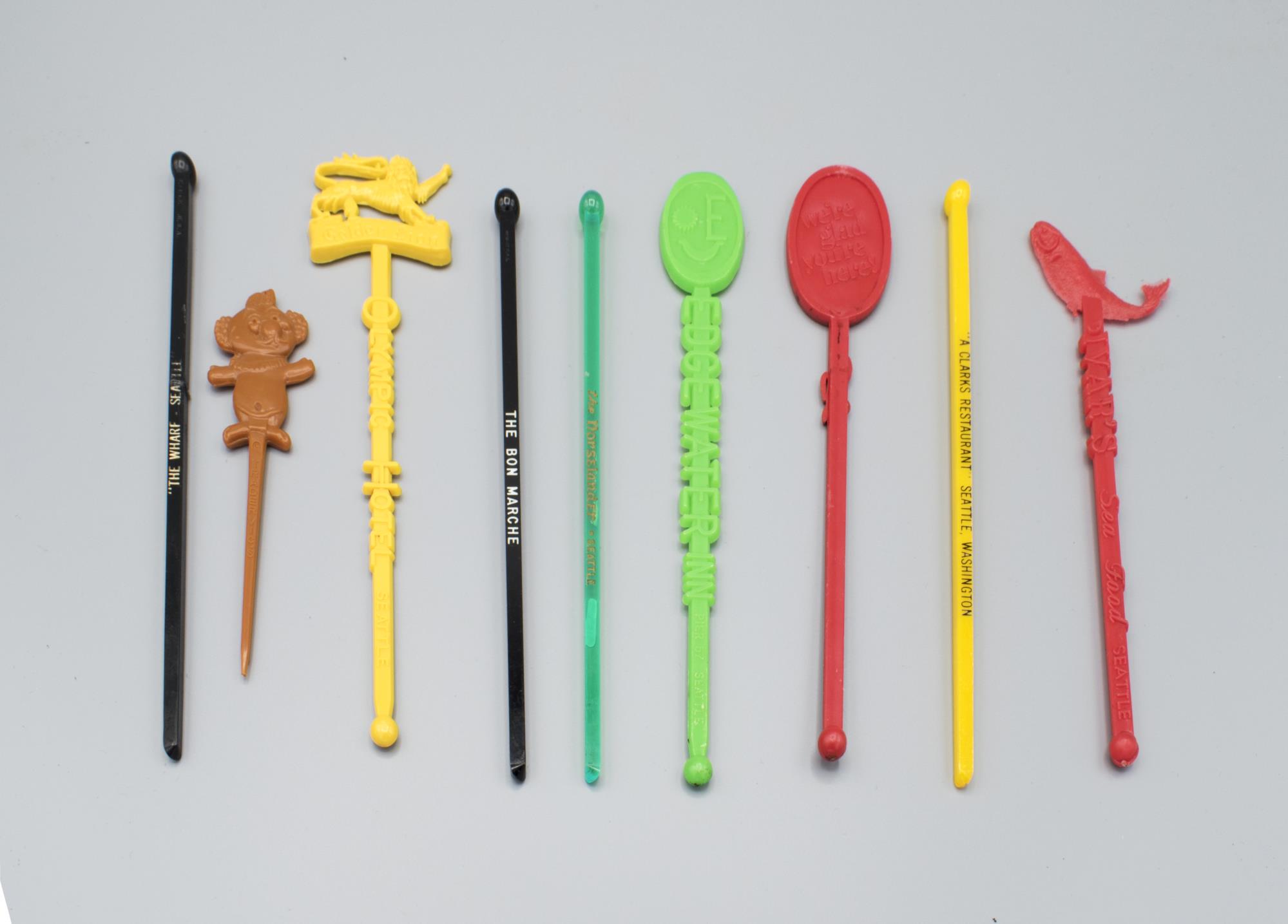 Image of Collection of nine swizzle sticks from various restaurants, hotels, and businesses in the Seattle area, ca. 1930-1970