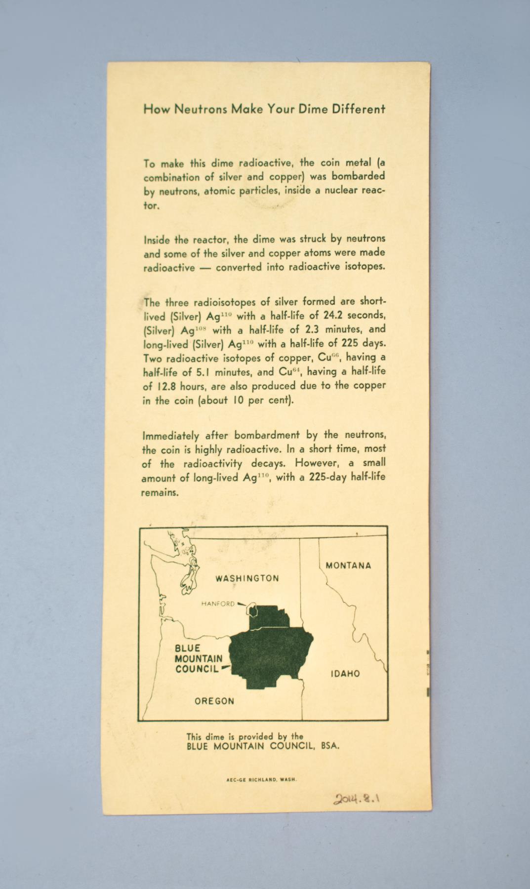 Image of Radioactive dime souvenir from Hanford Laboratories, 1964