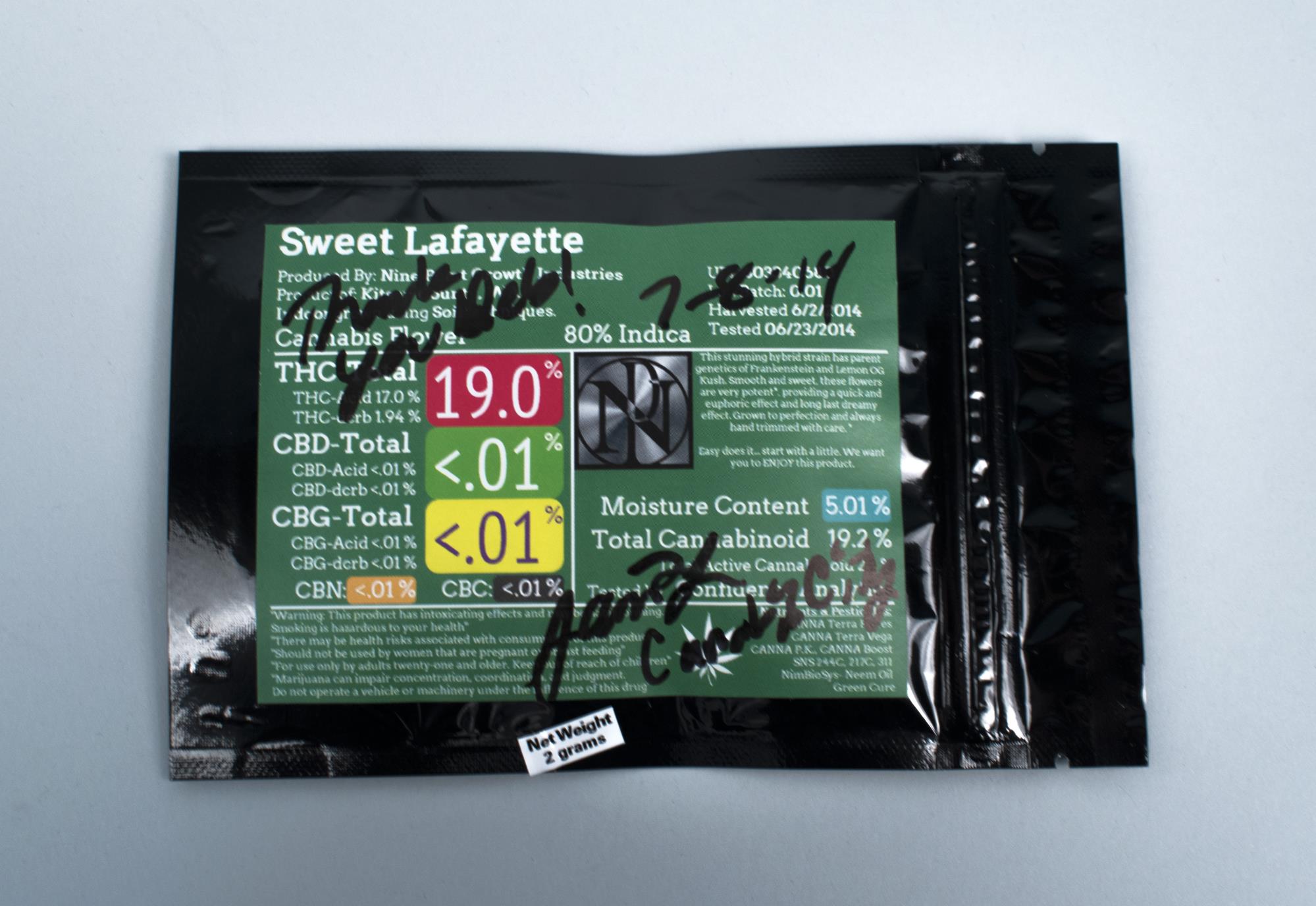 Image of Package of Sweet Lafayette cannabis from Cannabis City store in Seattle, July, 8, 2014.