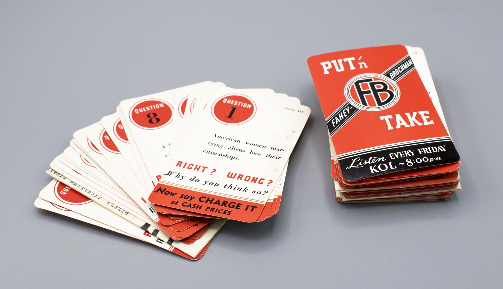 Image of Put n' Take quiz game cards from KOL radio station in Seattle, ca. 1939
