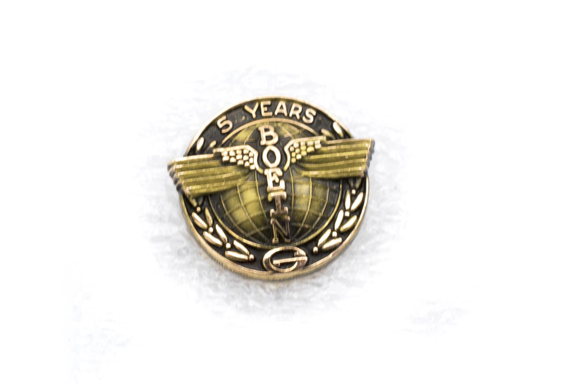 Image of Boeing employee service pin, five years, presented to Kito Kaneta, ca. 1950s