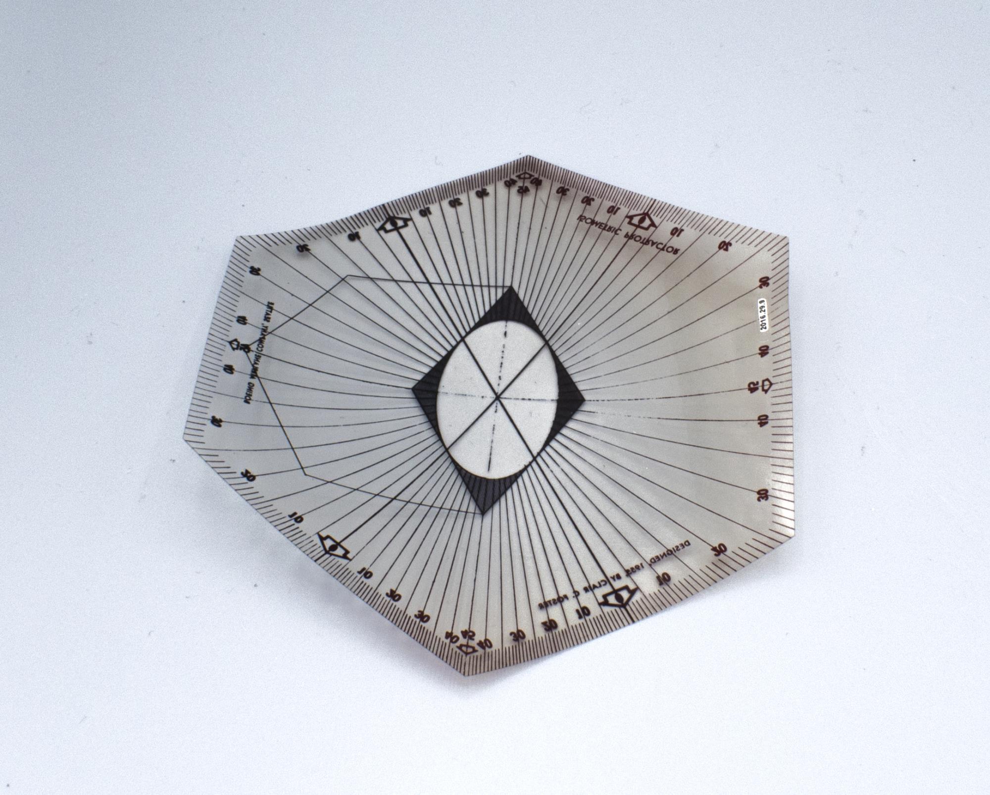 Image of Clear plastic hexagonal isometric protractor template, 1955