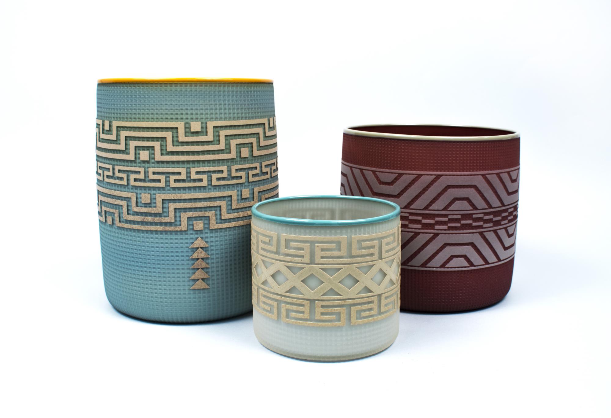 Image of Tlinget basket, dark red and taupe, part of 3-piece set #B16-34 by Preston Singletary, 2016