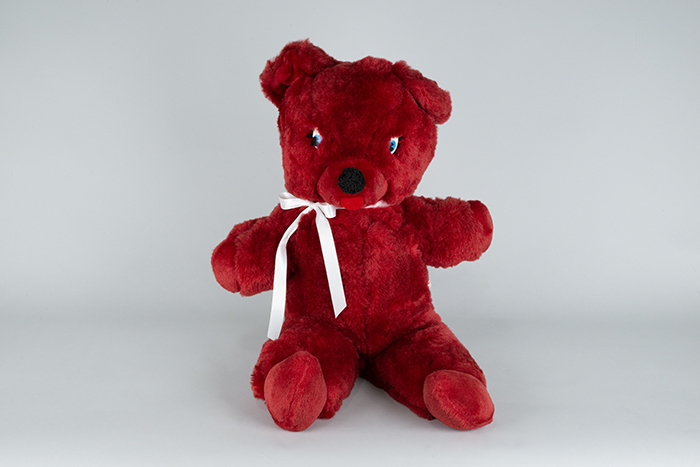 Image of Red stuffed animal Teddy bear, won at the Seattle World's Fair, 1962