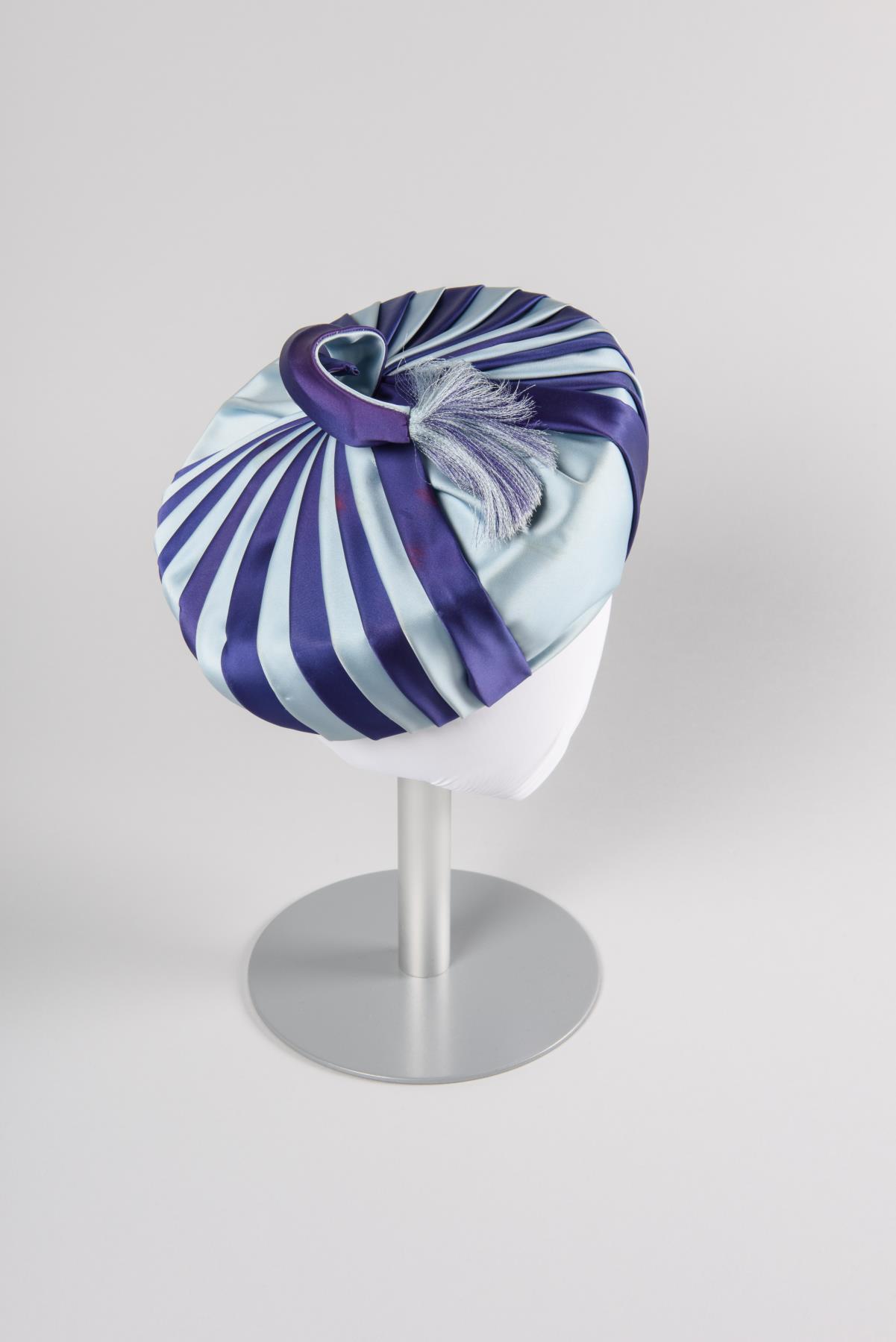 Image of Blue striped hat with John Eaton label, ca. 1950s-1960s