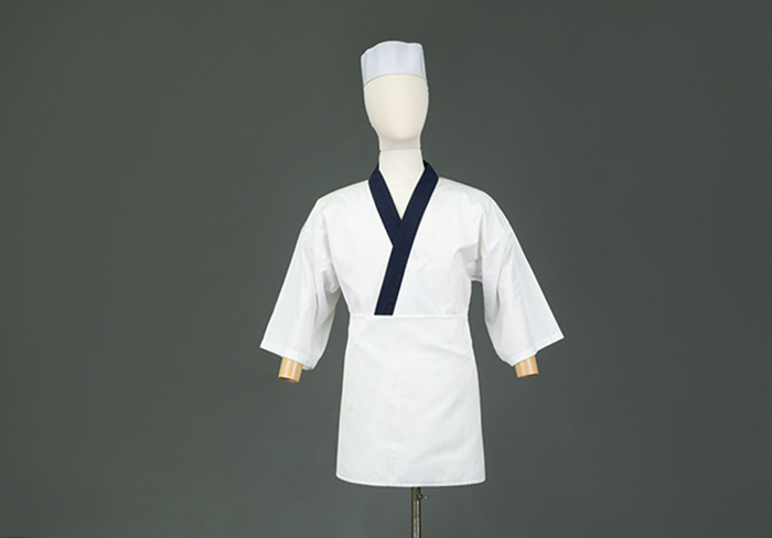 Image of Chef Shiro Kashiba's kimono cooking jacket, short chef's hat, and apron, ca. 2000s-2010s