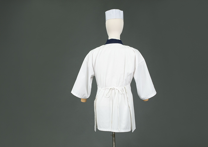 Image of Chef Shiro Kashiba's kimono cooking jacket, short chef's hat, and apron, ca. 2000s-2010s