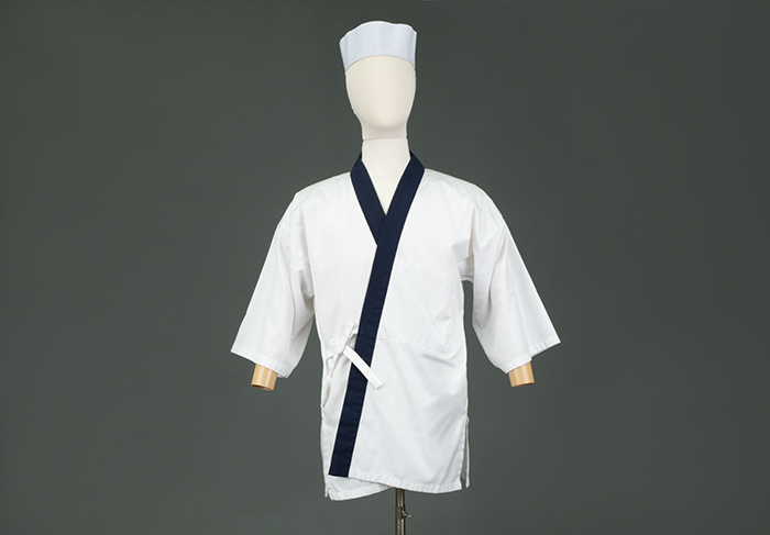 Image of Chef Shiro Kashiba's kimono cooking jacket, short chef's hat, and apron, ca. 2000s-2010s