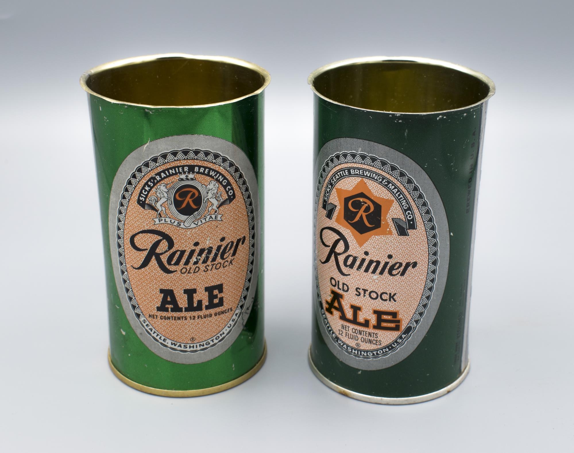 Image of Pair of Rainier Old Stock Ale beer cans from Boeing Wind Tunnel, ca. 1950s