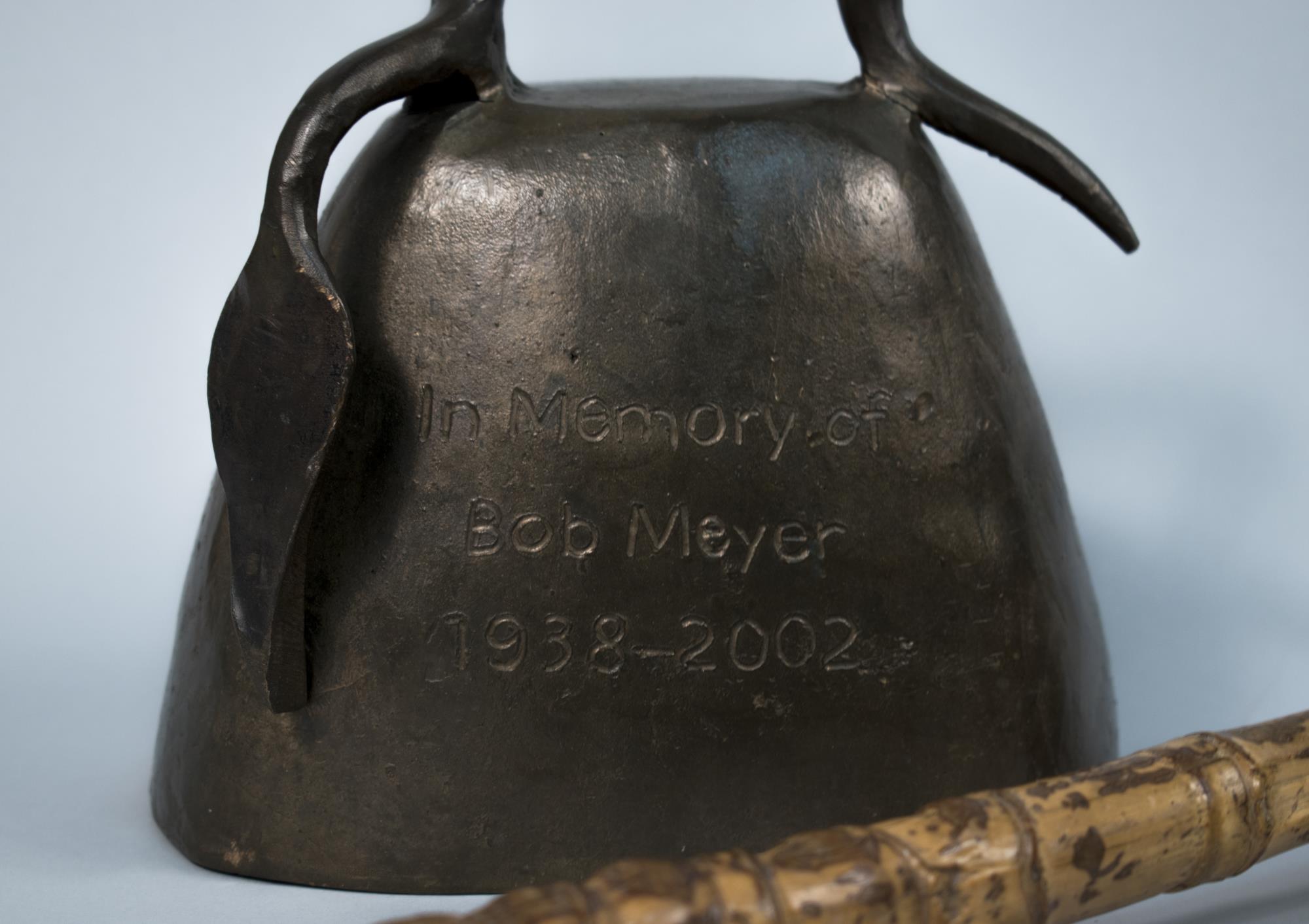 Image of Brass bell and mallet made in honor of Bob Meyer, a leader in the Puget Sound farmers markets community, 1938-2002