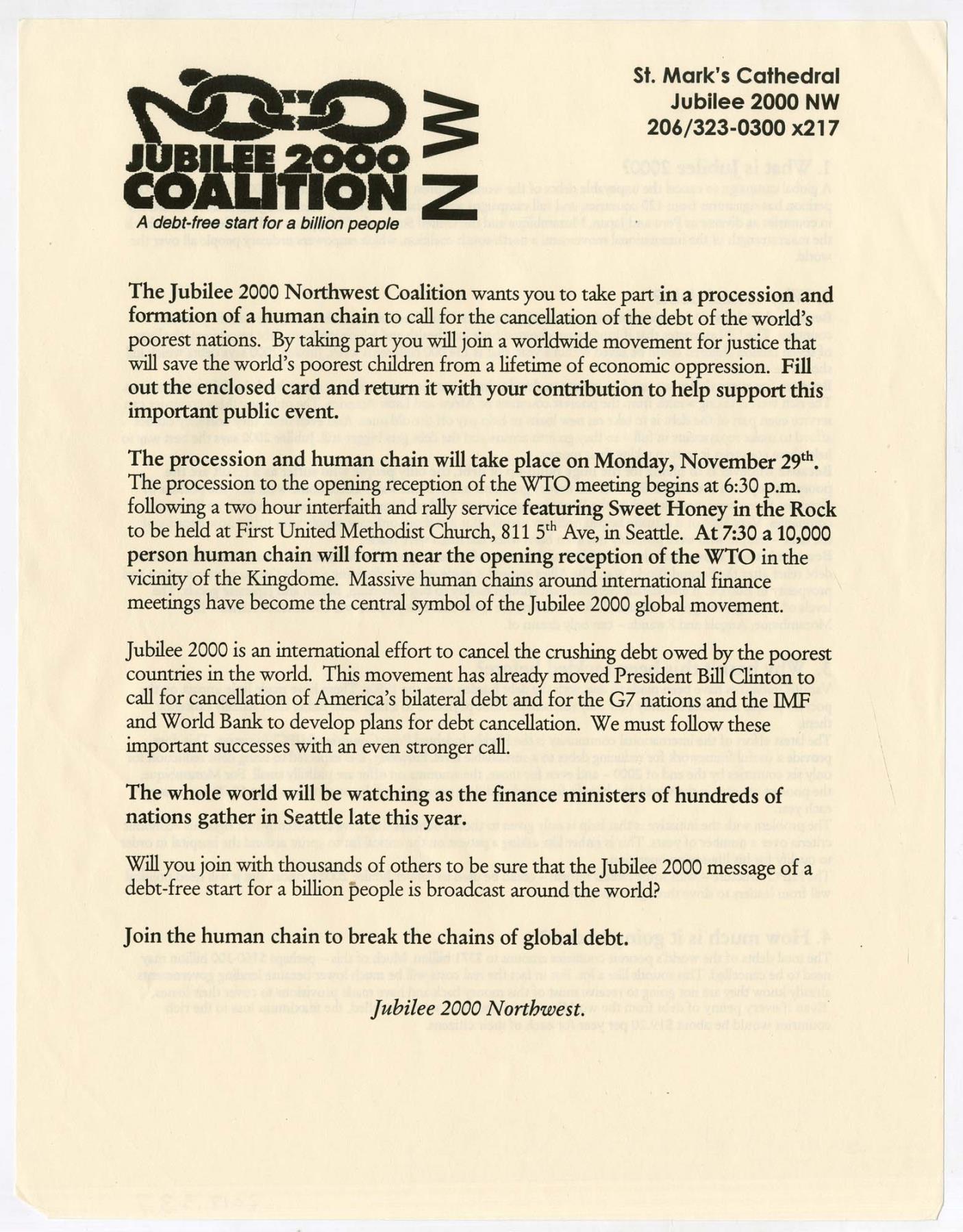 Image of Jubilee 2000 Northwest coalition flier, 1999
