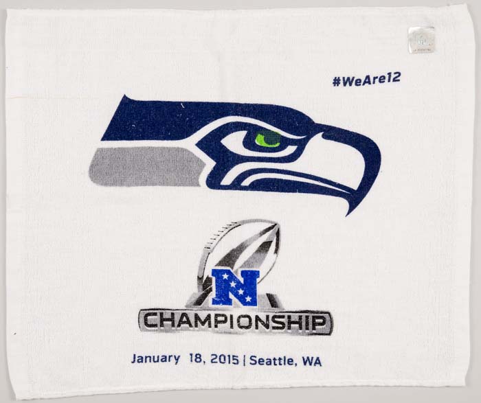 Image of Souvenir hand towel from the 2015 NFC Championship Game between the Seattle Seahawks and Green Bay Packers, Jan. 18, 2015