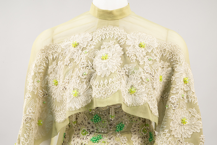 Image of Green gown with matching stole and hat, made by Howard Blair, 1970s
