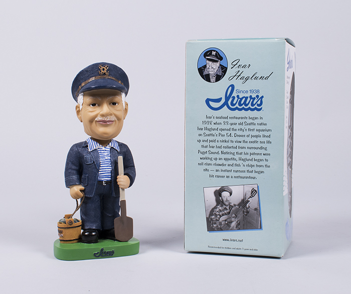 Image of Bobblehead doll of Ivar Haglund in original box, ca. 2000
