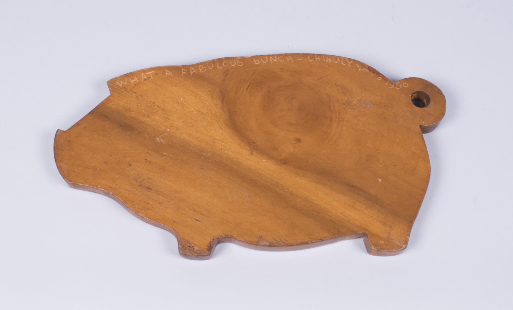 Image of Wooden cutting board given to Seattle chef Kathy Casey from Dale Chihuly in August 1990