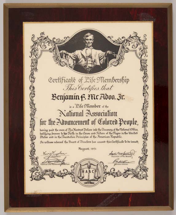 Image of Certificate of Life Membership plaque presented to Benjamin F. McAdoo, Jr. from the National Association for the Advancement of Colored People (NAACP) in 1971
