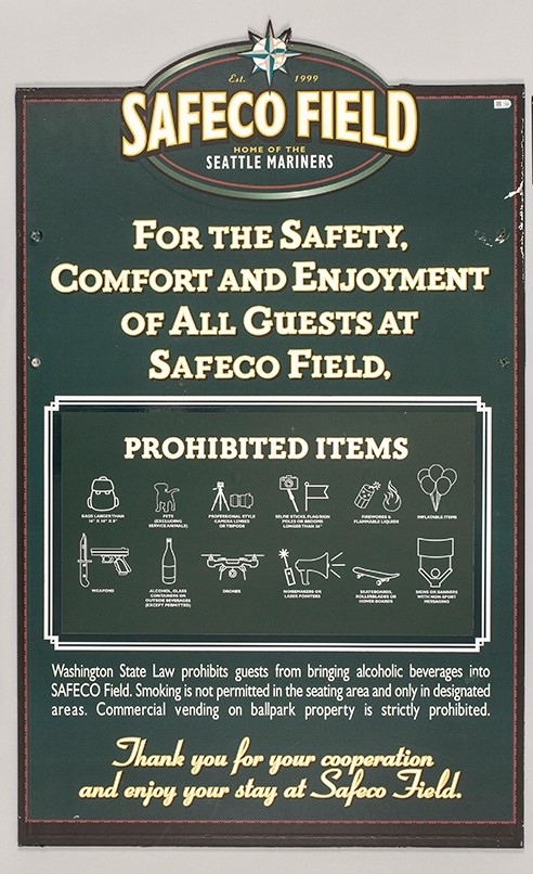 Image of Sign from formerly named Safeco Field in Seattle listing prohibited items in the ballpark, 1999
