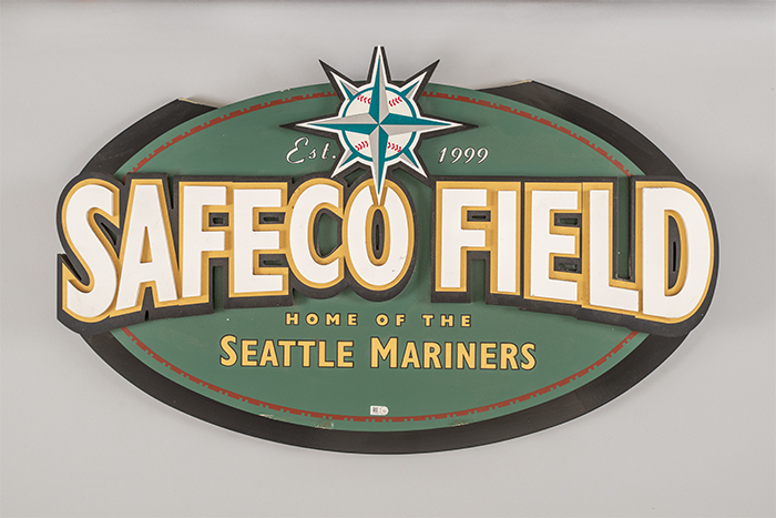 Image of Wooden logo sign from formerly named Safeco Field ballpark, 1999
