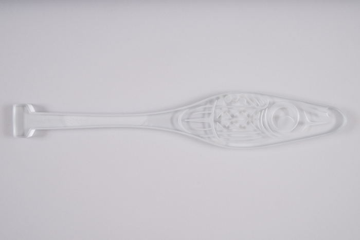 Image of Contemporary art paddle made by Marvin Oliver celebrating Seattle's sesquicentennial in 2001