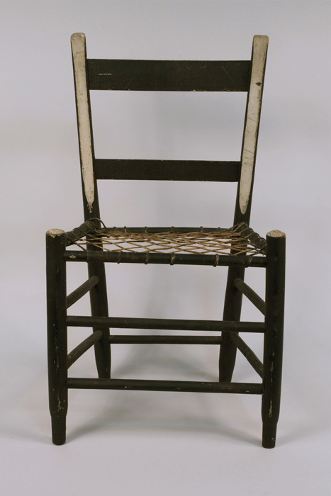 Image of One of a pair of slat back side chairs with woven rawhide seats, ca. 1850-1880