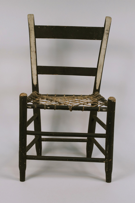 Image of One of a pair of slat back side chairs with woven rawhide seats, once owned by the Mercer family, ca. 1850-1880