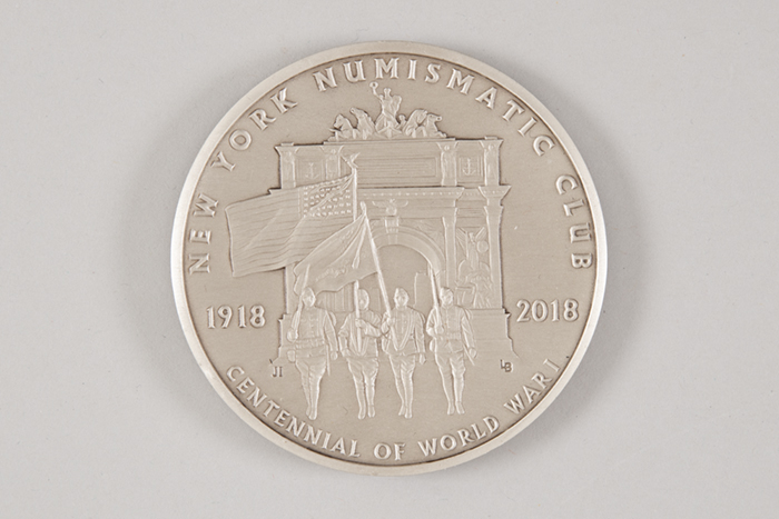 Image of Silver commemorative coin honoring the 100th anniversary of the end of WWI, minted in 2018