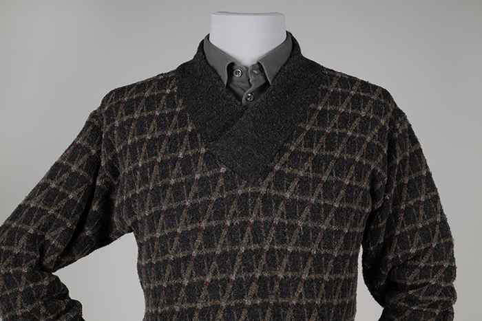 Image of Georgio Armani trenchcoat, sweater, shirt, and trousers from Butch Blum