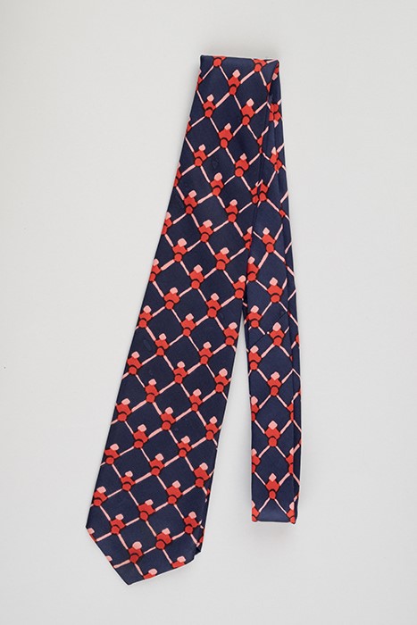 Image of Silk necktie with dark blue, pink, and red print, ca. 1950s-1990s