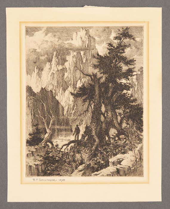 Image of Pen and ink drawing of Pacific Northwest natural scene by Rudolph Franz Zallinger, 1940