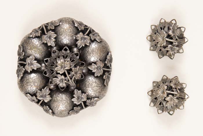 Image of Pewter brooch and earring set with ball and leaf design, ca. 1940s-1960s