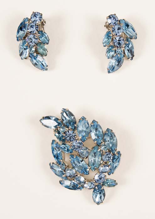 Image of Light blue rhinestone brooch and earring set, ca. 1950s