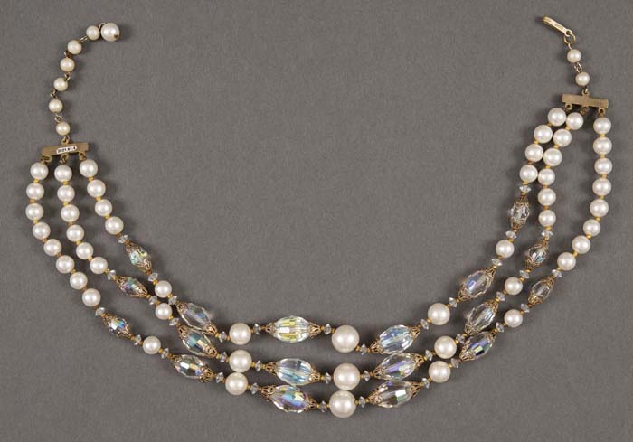 Image of Three-strand necklace with faux pearls and clear beads, late 1950s-early 1960s