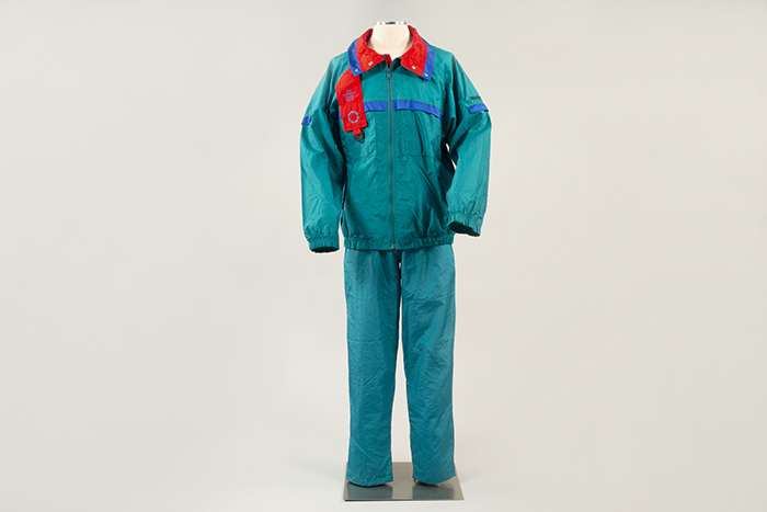 Image of Teal and red Goodwill Games windbreaker jacket, 1990