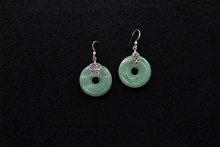 Image of Green aventurine and sterling silver bi-disc earrings from Boma Jewelry, ca. 1993