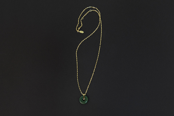 Image of Green agate, gold, and topaz bi-disc necklace from Boma Jewelry, 2021