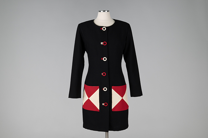 Image of Navy wool dress with red and white accents, 1991