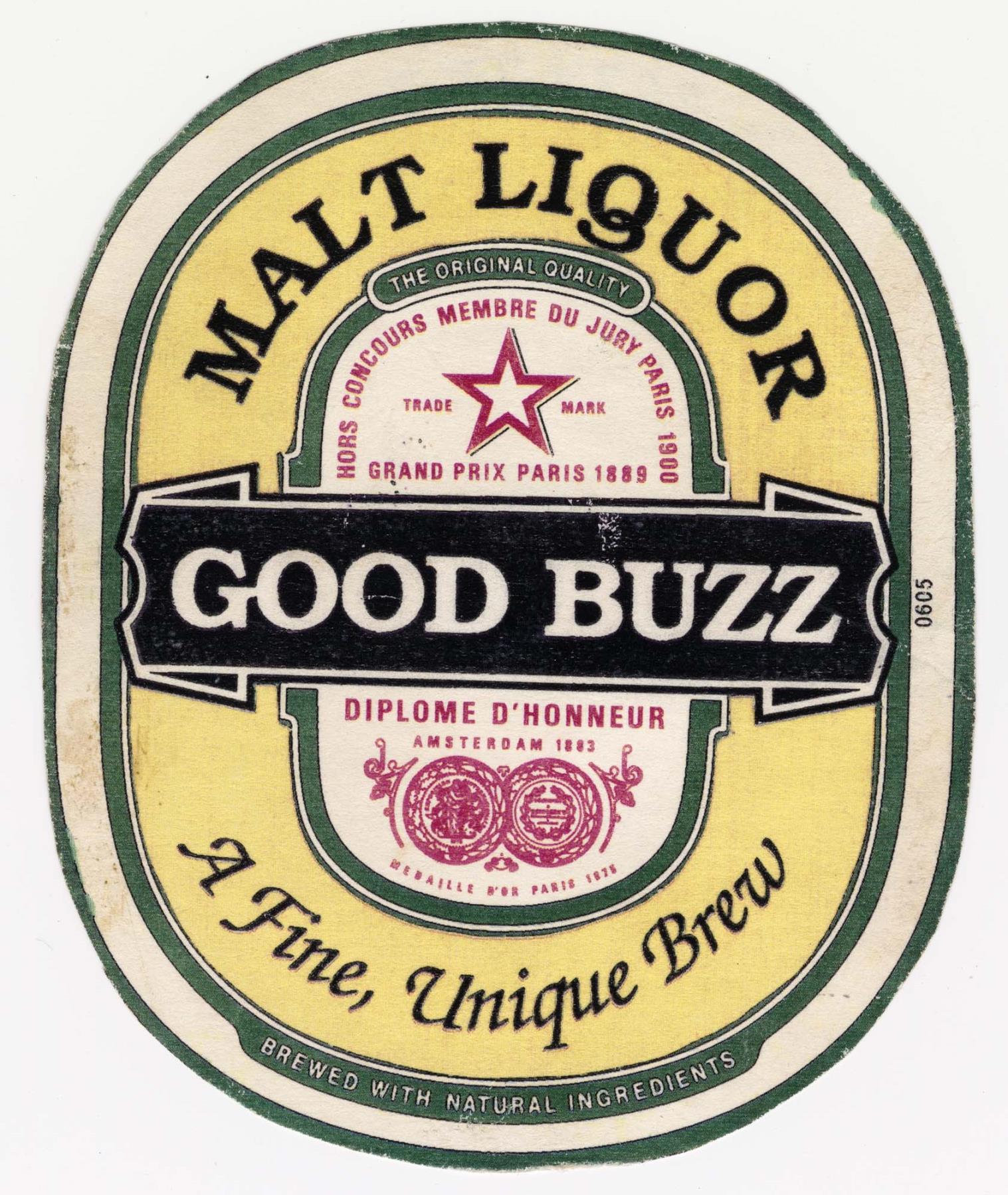 Image of Good Buzz Malt Liquor label from Almost Live! TV show, Seattle, 1991