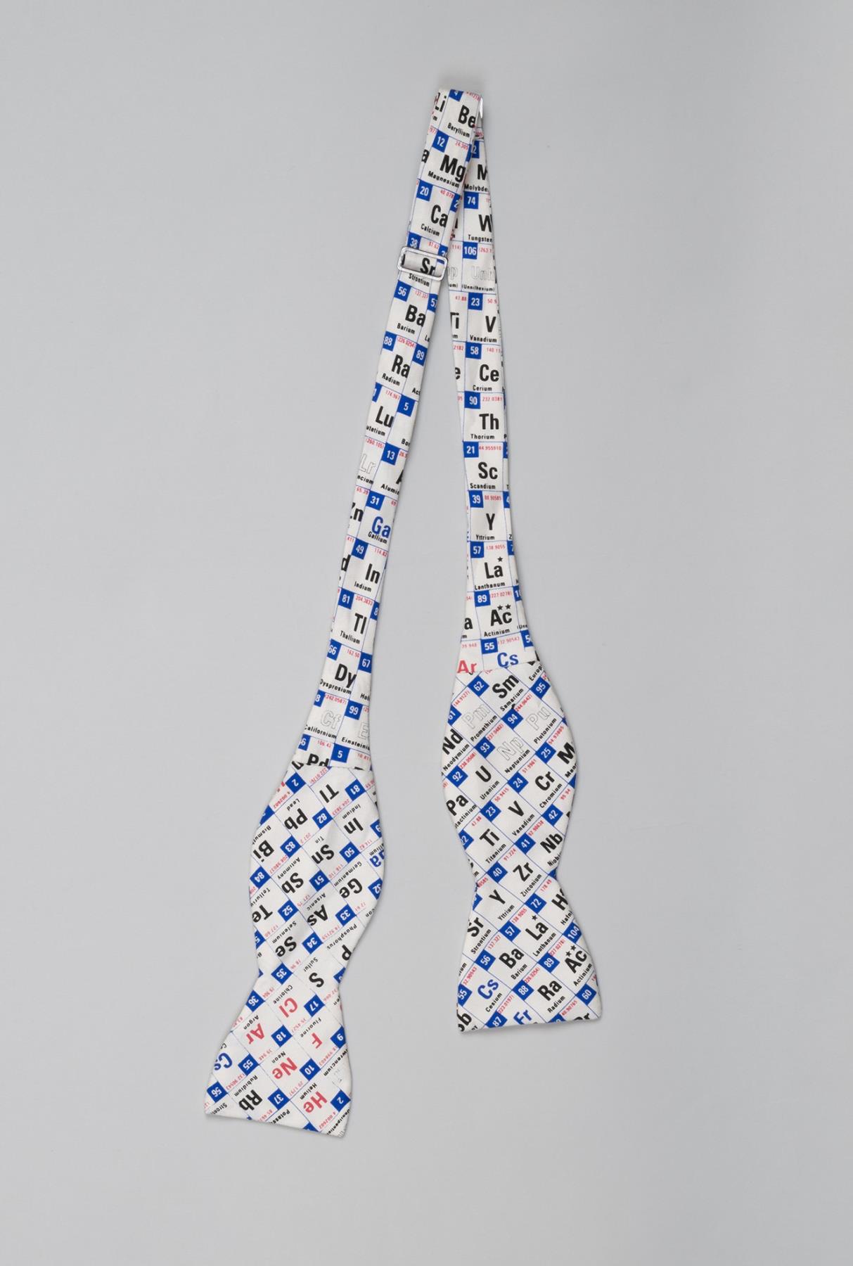 Image of Bow tie with Periodic Table print worn on the Bill Nye The Science Guy tv show, 1990s