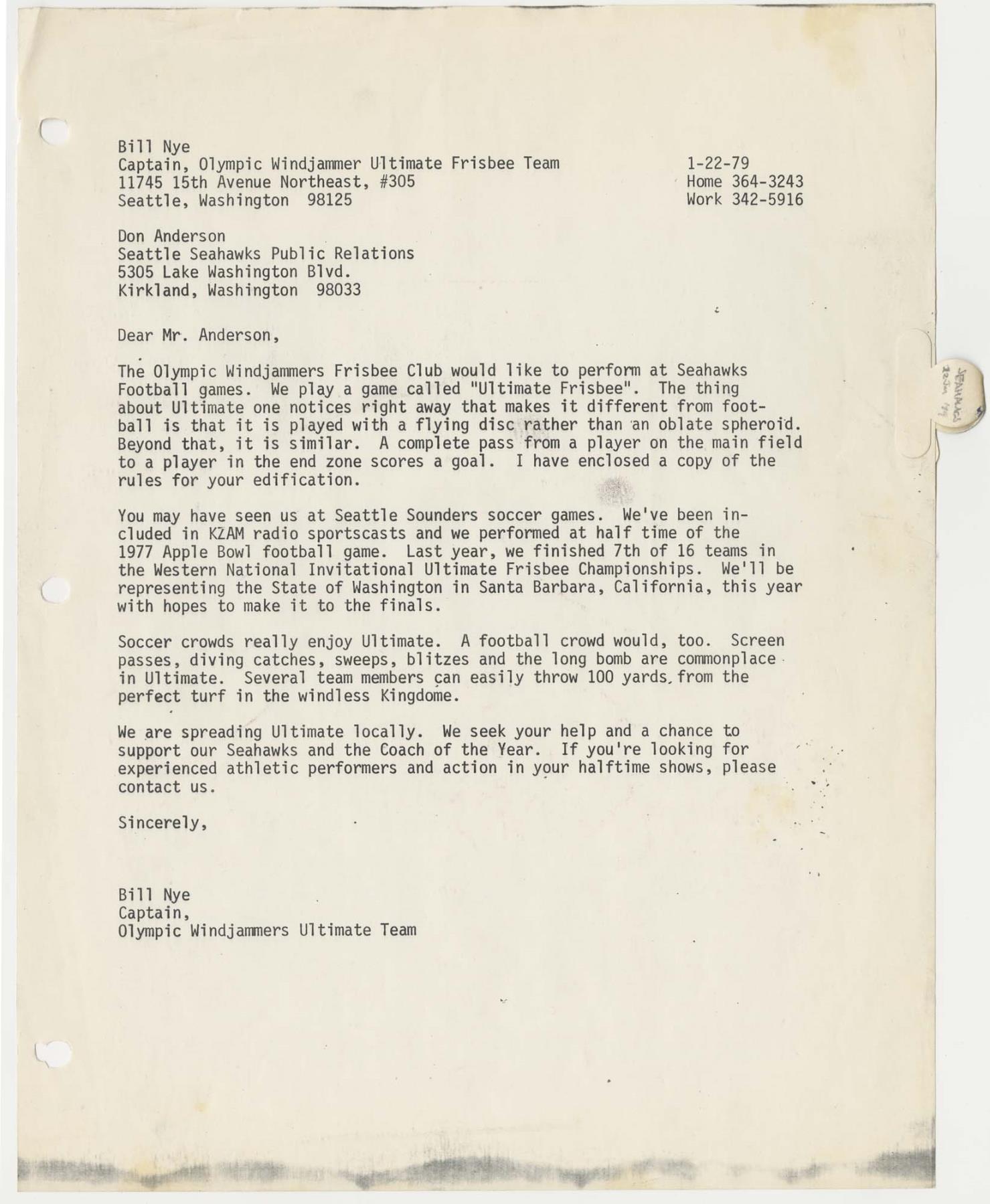 Image of Letter from Bill Nye to Seattle Seahawks Public Relations, January 22, 1979